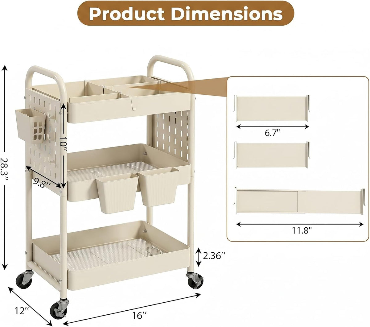 Craft Cart, Black Rolling Cart with Retractable Dividers & DIY Pegboards for Kitchen, Bedroom, Laundry