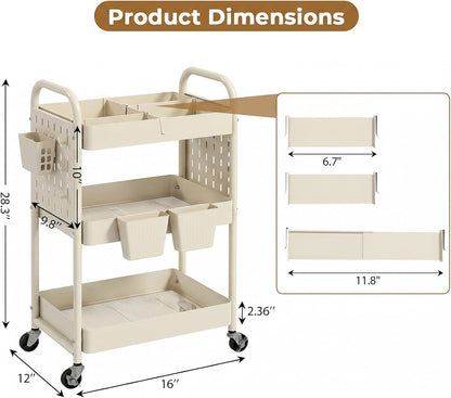 Craft Cart, Black Rolling Cart with Retractable Dividers & DIY Pegboards for Kitchen, Bedroom, Laundry