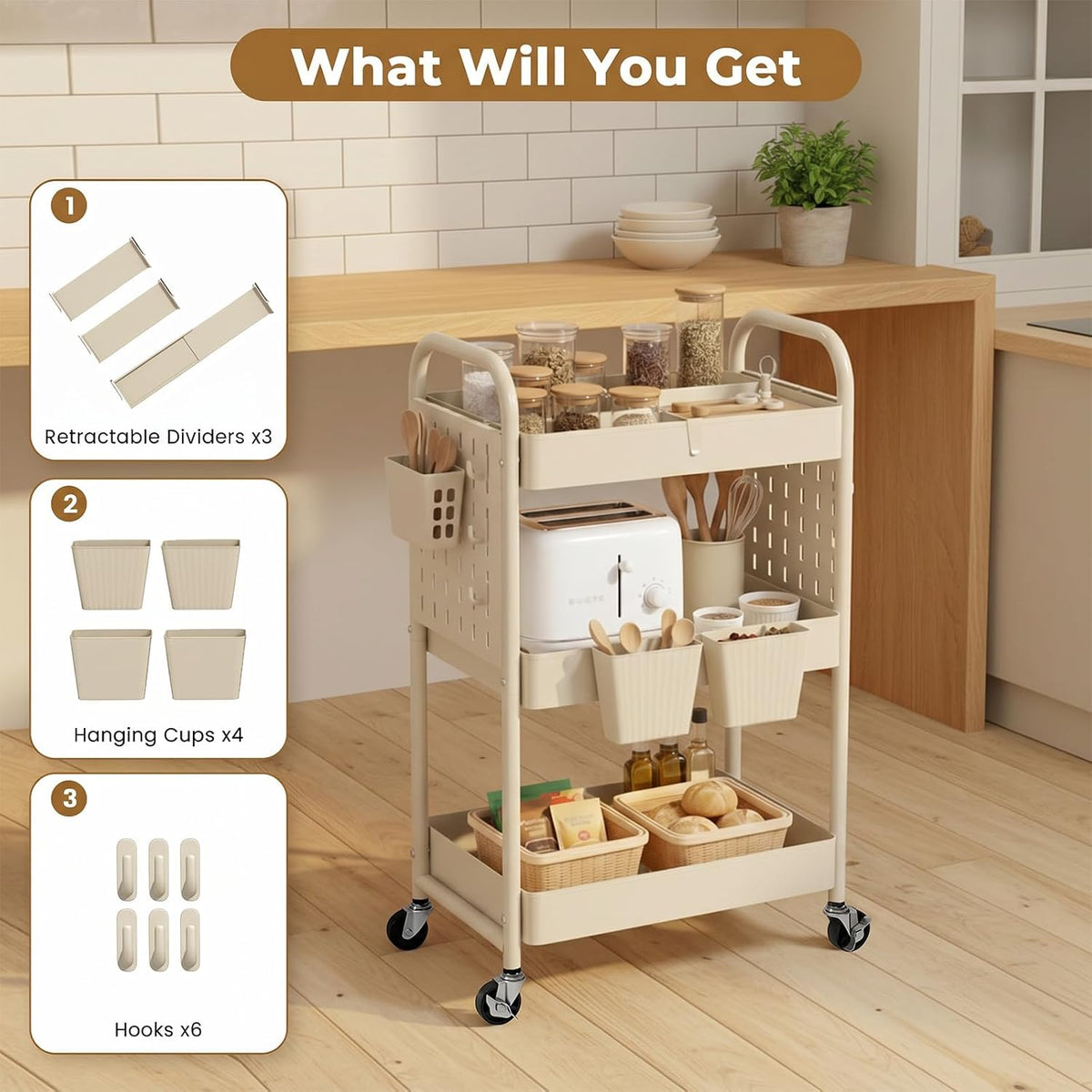 Craft Cart, Black Rolling Cart with Retractable Dividers & DIY Pegboards for Kitchen, Bedroom, Laundry