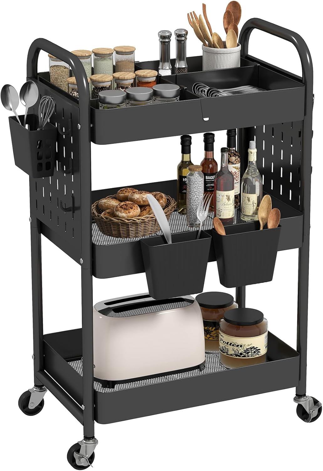 Craft Cart, Black Rolling Cart with Retractable Dividers & DIY Pegboards for Kitchen, Bedroom, Laundry