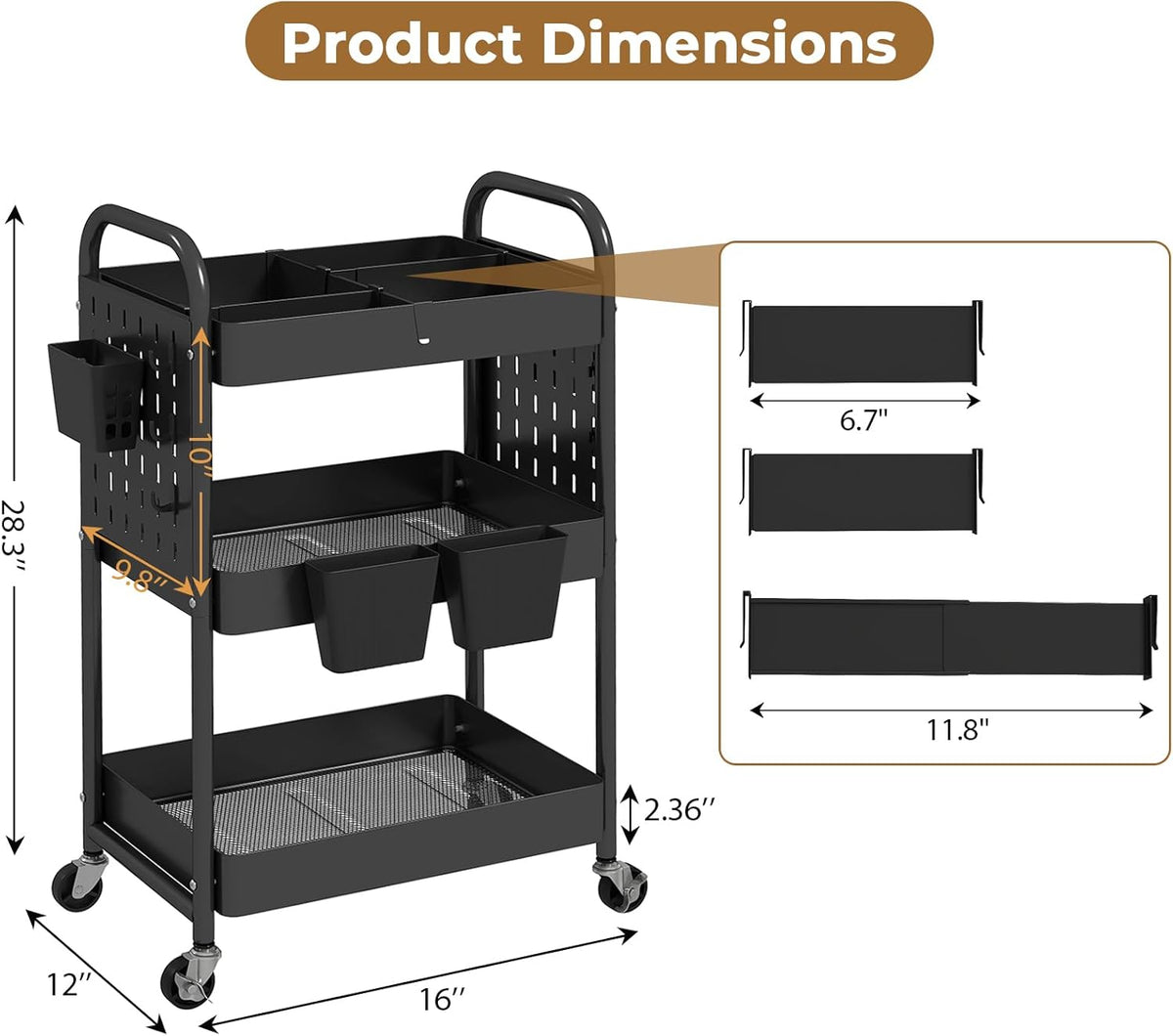 Craft Cart, Black Rolling Cart with Retractable Dividers & DIY Pegboards for Kitchen, Bedroom, Laundry