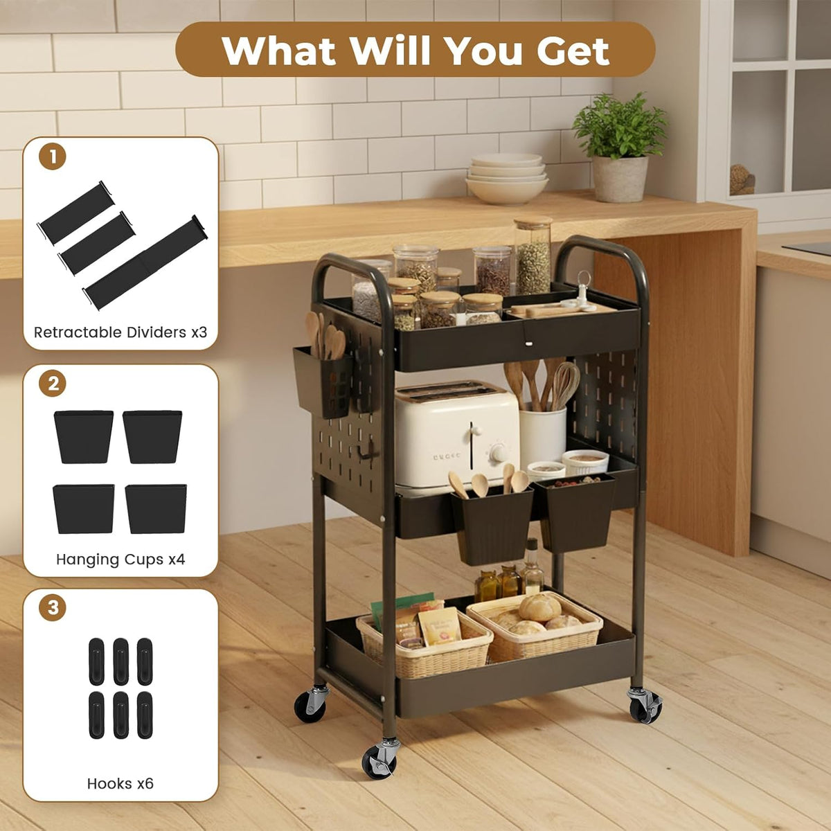 Craft Cart, Black Rolling Cart with Retractable Dividers & DIY Pegboards for Kitchen, Bedroom, Laundry