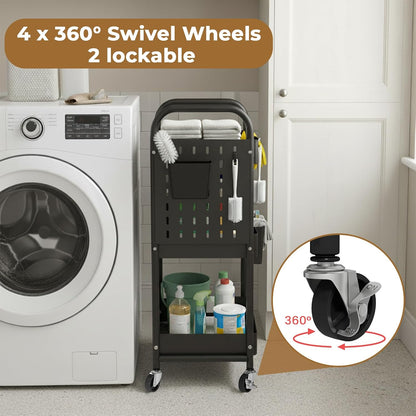 Craft Cart, Black Rolling Cart with Retractable Dividers & DIY Pegboards for Kitchen, Bedroom, Laundry