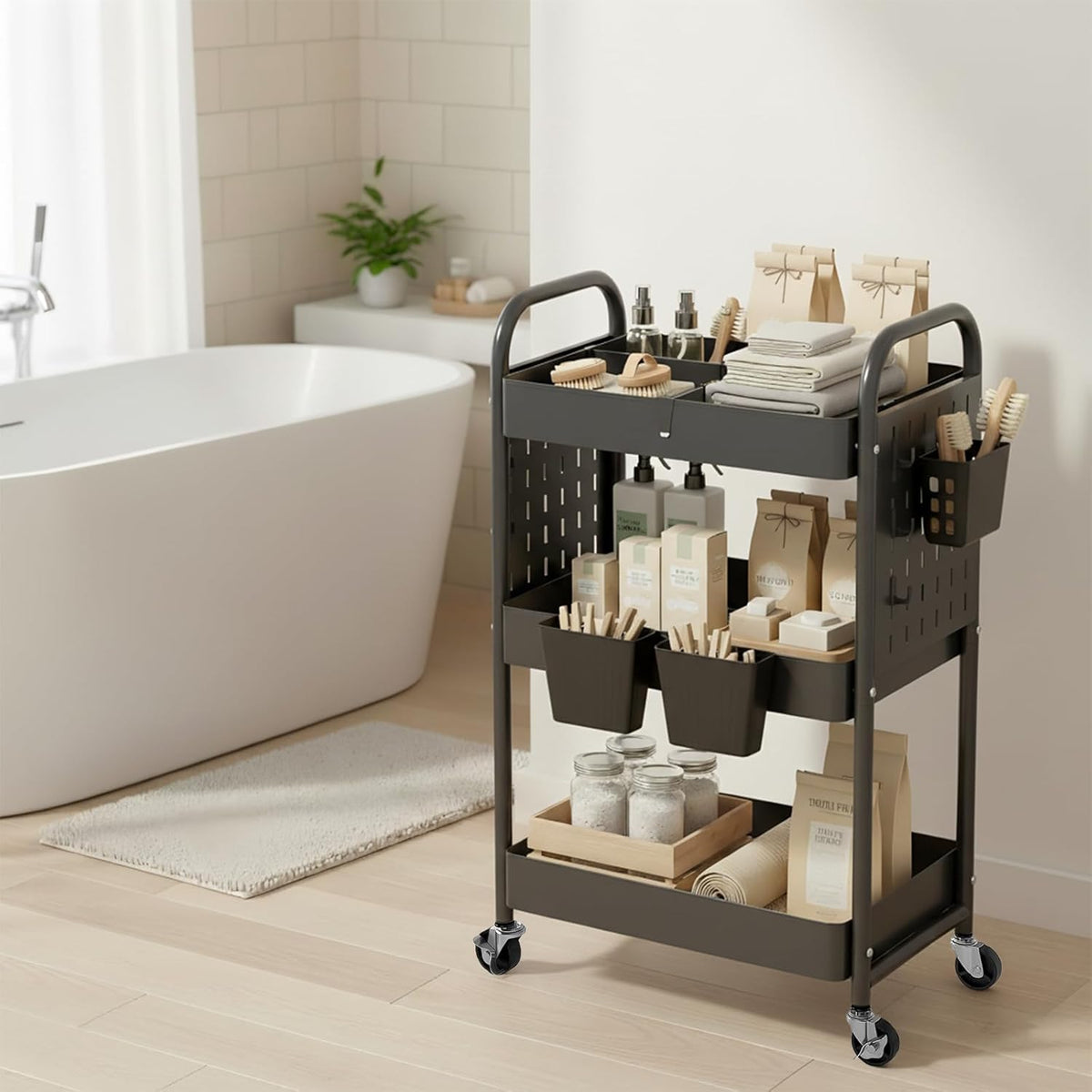 Craft Cart, Black Rolling Cart with Retractable Dividers & DIY Pegboards for Kitchen, Bedroom, Laundry