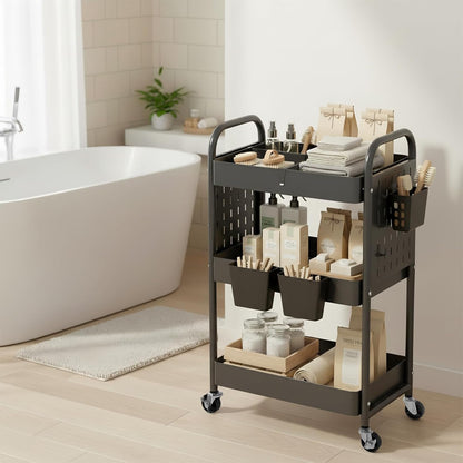 Craft Cart, Black Rolling Cart with Retractable Dividers & DIY Pegboards for Kitchen, Bedroom, Laundry