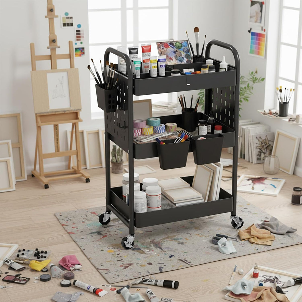 Craft Cart, Black Rolling Cart with Retractable Dividers & DIY Pegboards for Kitchen, Bedroom, Laundry