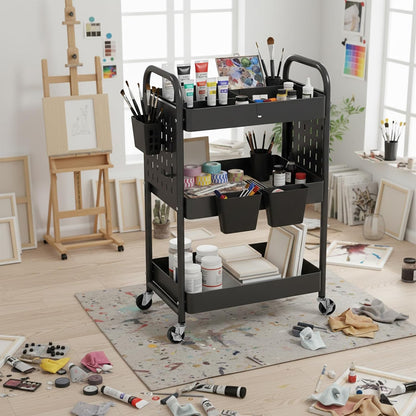 Craft Cart, Black Rolling Cart with Retractable Dividers & DIY Pegboards for Kitchen, Bedroom, Laundry