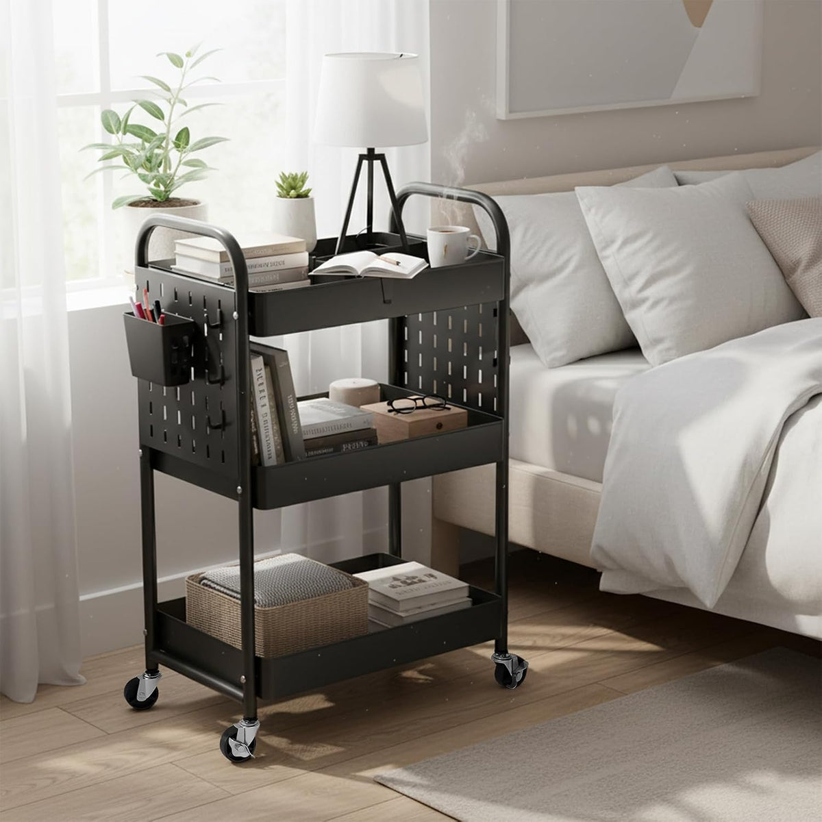 Craft Cart, Black Rolling Cart with Retractable Dividers & DIY Pegboards for Kitchen, Bedroom, Laundry