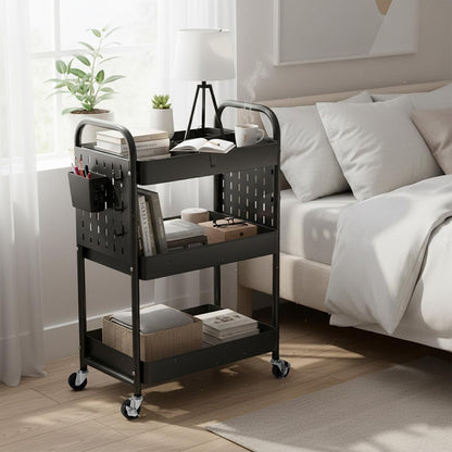 Craft Cart, Black Rolling Cart with Retractable Dividers & DIY Pegboards for Kitchen, Bedroom, Laundry