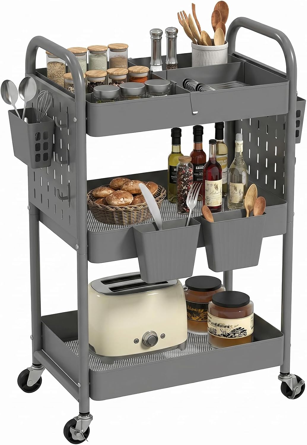 Craft Cart, Black Rolling Cart with Retractable Dividers & DIY Pegboards for Kitchen, Bedroom, Laundry