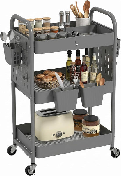 Craft Cart, Black Rolling Cart with Retractable Dividers & DIY Pegboards for Kitchen, Bedroom, Laundry