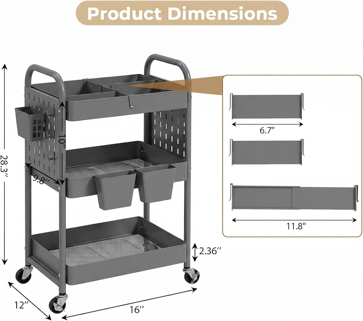 Craft Cart, Black Rolling Cart with Retractable Dividers & DIY Pegboards for Kitchen, Bedroom, Laundry