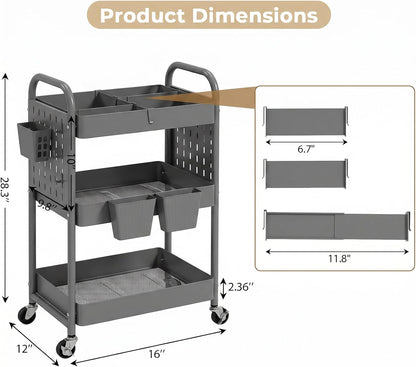 Craft Cart, Black Rolling Cart with Retractable Dividers & DIY Pegboards for Kitchen, Bedroom, Laundry