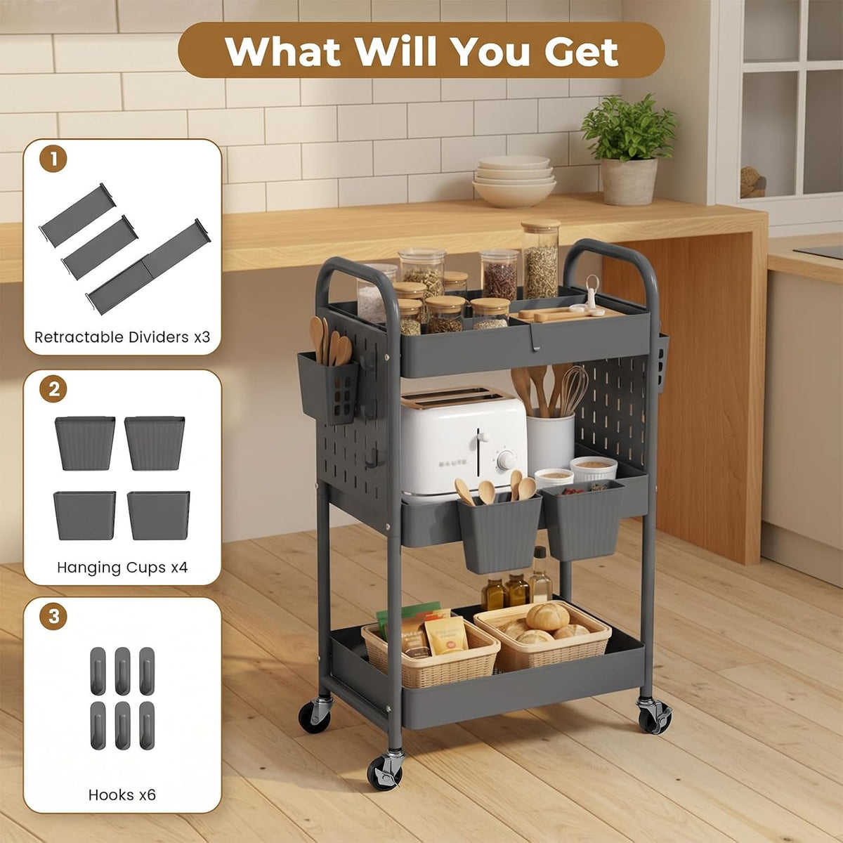 Craft Cart, Black Rolling Cart with Retractable Dividers & DIY Pegboards for Kitchen, Bedroom, Laundry