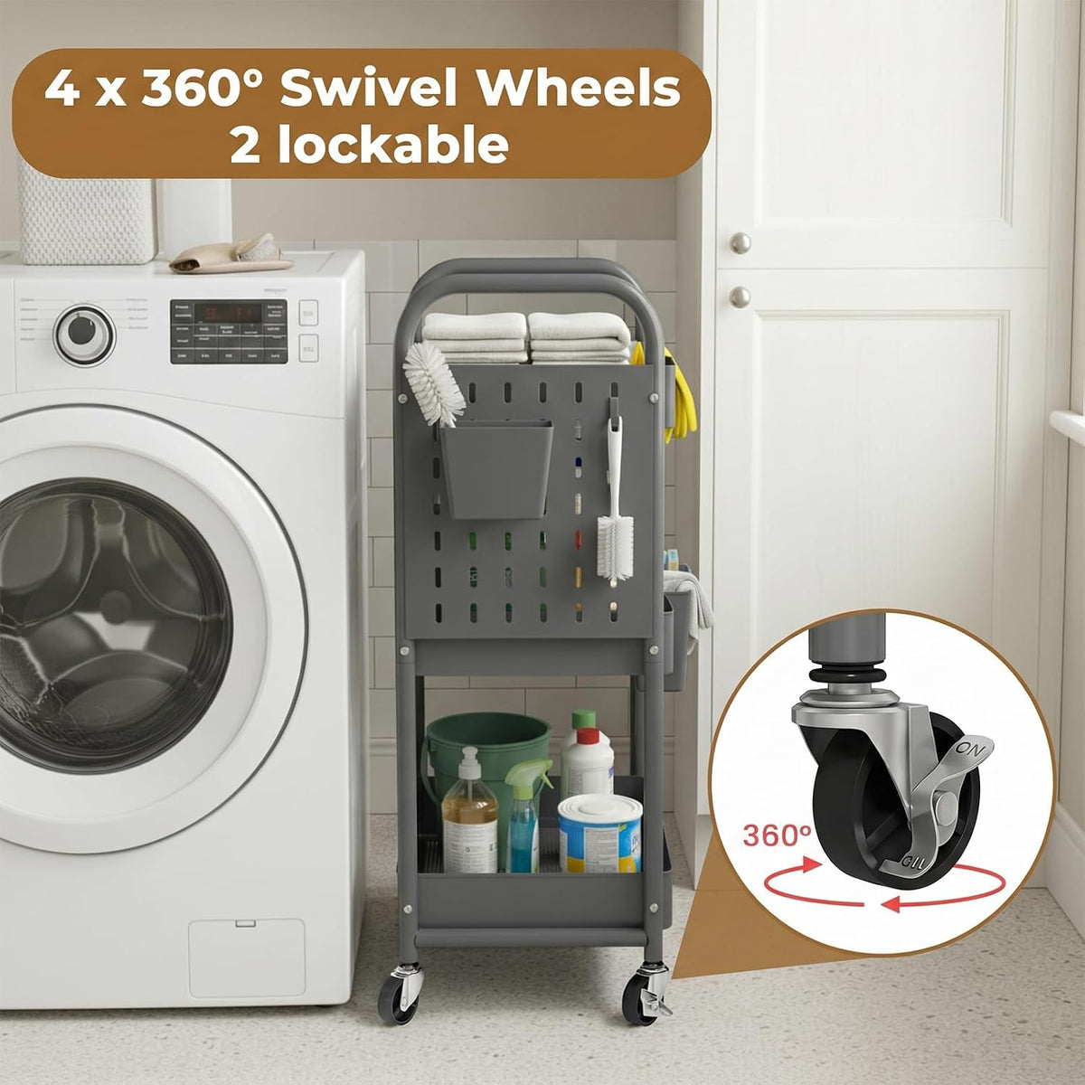 Craft Cart, Black Rolling Cart with Retractable Dividers & DIY Pegboards for Kitchen, Bedroom, Laundry