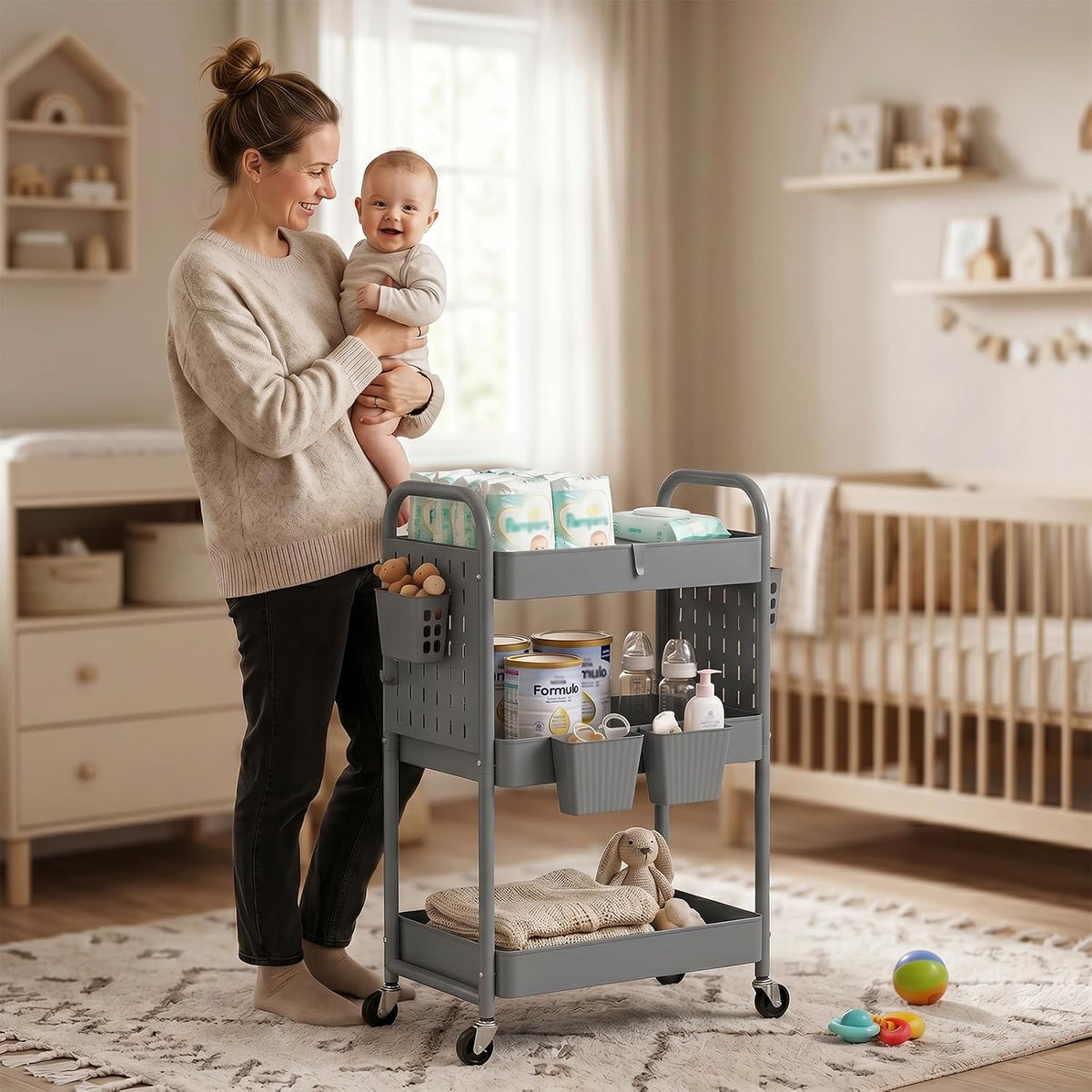 Craft Cart, Black Rolling Cart with Retractable Dividers & DIY Pegboards for Kitchen, Bedroom, Laundry