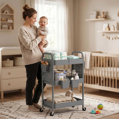 Craft Cart, Black Rolling Cart with Retractable Dividers & DIY Pegboards for Kitchen, Bedroom, Laundry