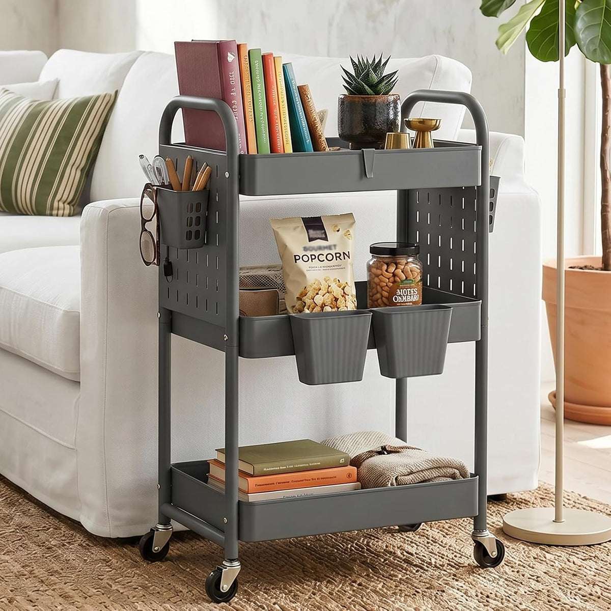 Craft Cart, Black Rolling Cart with Retractable Dividers & DIY Pegboards for Kitchen, Bedroom, Laundry