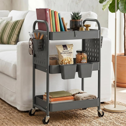 Craft Cart, Black Rolling Cart with Retractable Dividers & DIY Pegboards for Kitchen, Bedroom, Laundry