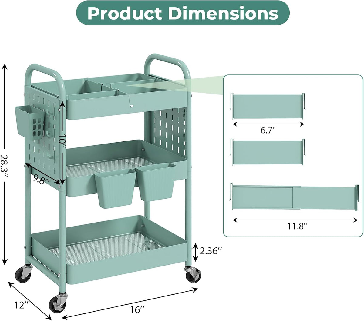 Craft Cart, Black Rolling Cart with Retractable Dividers & DIY Pegboards for Kitchen, Bedroom, Laundry