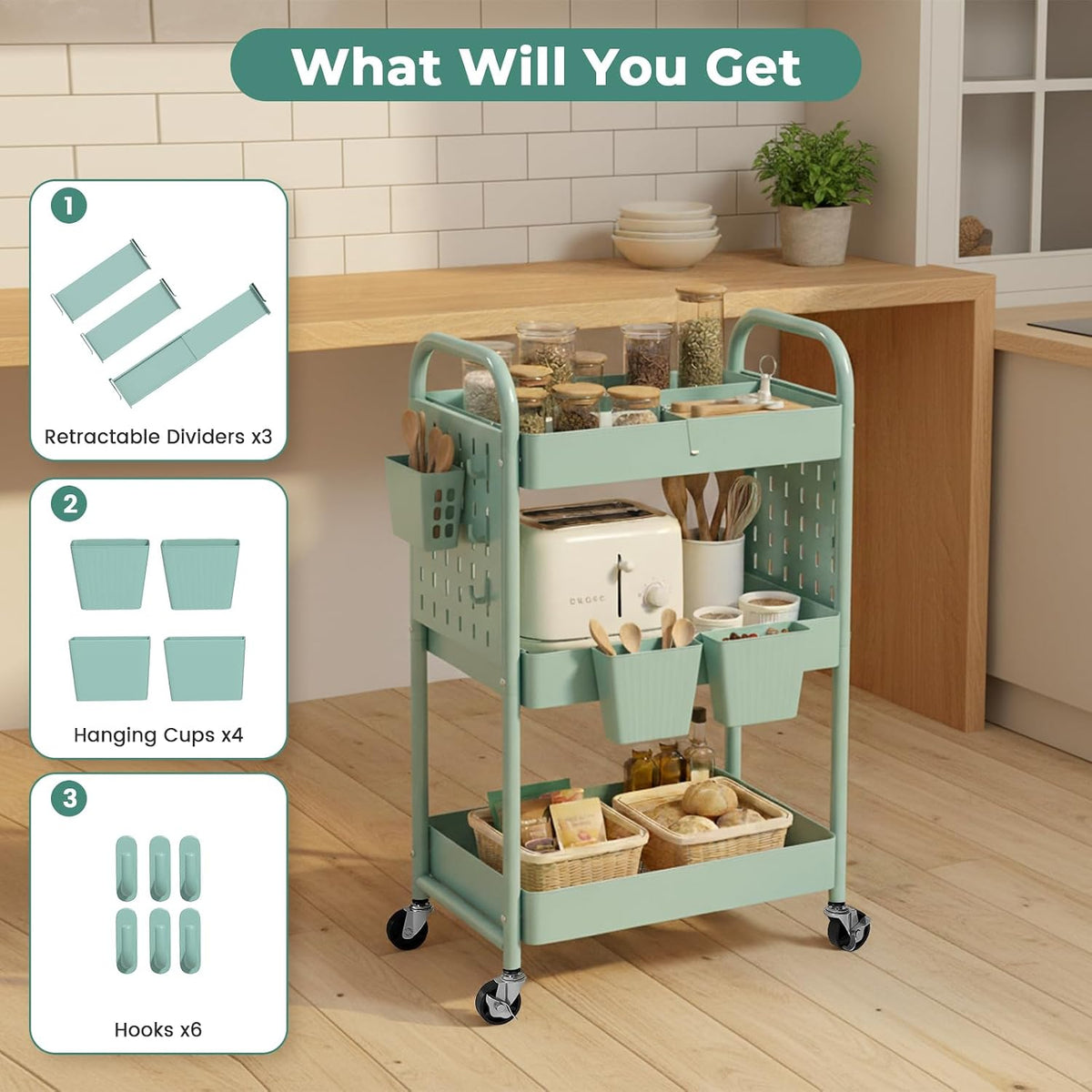 Craft Cart, Black Rolling Cart with Retractable Dividers & DIY Pegboards for Kitchen, Bedroom, Laundry