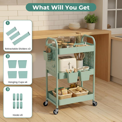 Craft Cart, Black Rolling Cart with Retractable Dividers & DIY Pegboards for Kitchen, Bedroom, Laundry