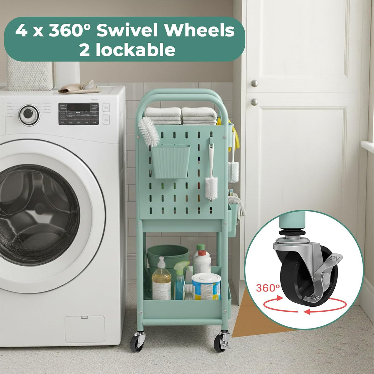 Craft Cart, Black Rolling Cart with Retractable Dividers & DIY Pegboards for Kitchen, Bedroom, Laundry