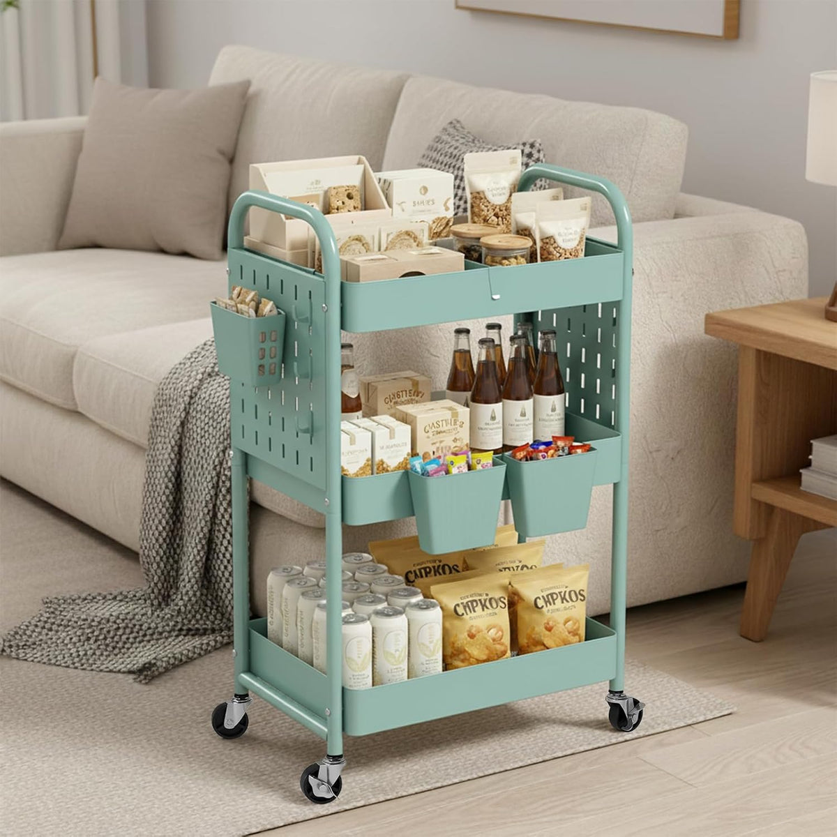 Craft Cart, Black Rolling Cart with Retractable Dividers & DIY Pegboards for Kitchen, Bedroom, Laundry