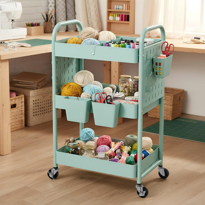 Craft Cart, Black Rolling Cart with Retractable Dividers & DIY Pegboards for Kitchen, Bedroom, Laundry