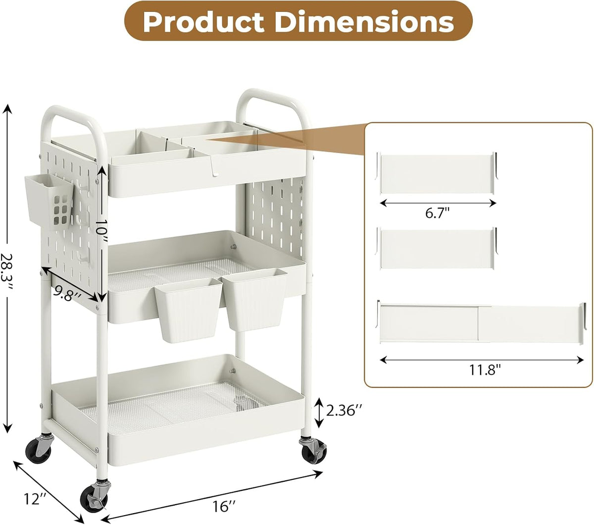 Craft Cart, Black Rolling Cart with Retractable Dividers & DIY Pegboards for Kitchen, Bedroom, Laundry
