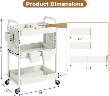 Craft Cart, Black Rolling Cart with Retractable Dividers & DIY Pegboards for Kitchen, Bedroom, Laundry