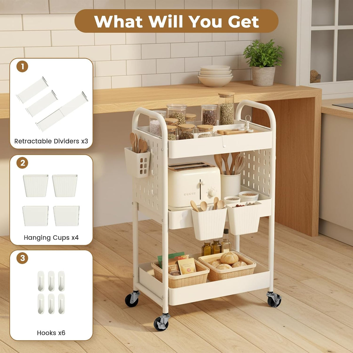 Craft Cart, Black Rolling Cart with Retractable Dividers & DIY Pegboards for Kitchen, Bedroom, Laundry