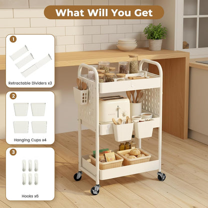 Craft Cart, Black Rolling Cart with Retractable Dividers & DIY Pegboards for Kitchen, Bedroom, Laundry