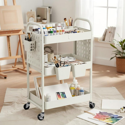 Craft Cart, Black Rolling Cart with Retractable Dividers & DIY Pegboards for Kitchen, Bedroom, Laundry