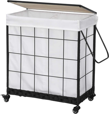 110L Laundry Hamper with Wood Lid, Rolling Laundry Basket with Liner Bag