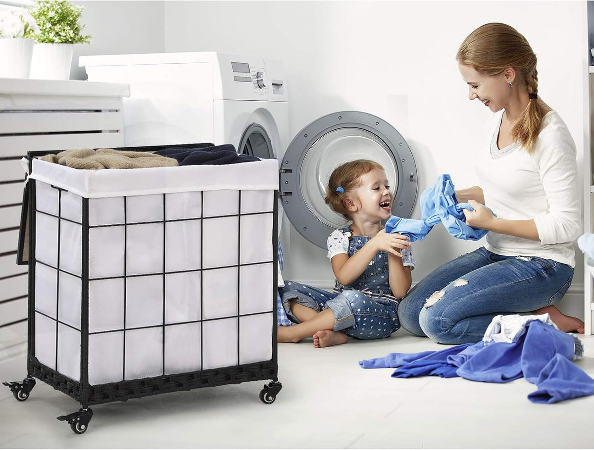 110L Laundry Hamper with Wood Lid, Rolling Laundry Basket with Liner Bag