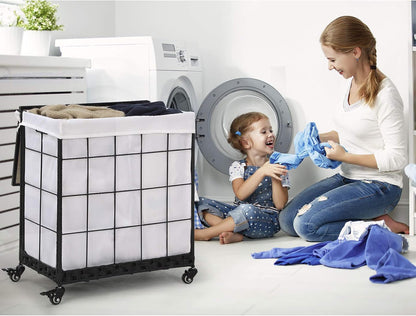 110L Laundry Hamper with Wood Lid, Rolling Laundry Basket with Liner Bag