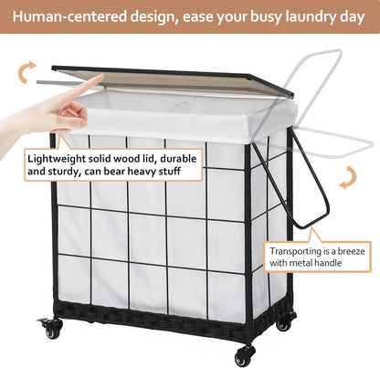 110L Laundry Hamper with Wood Lid, Rolling Laundry Basket with Liner Bag