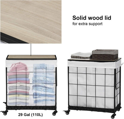 110L Laundry Hamper with Wood Lid, Rolling Laundry Basket with Liner Bag