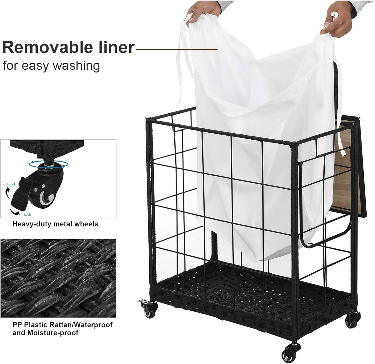 110L Laundry Hamper with Wood Lid, Rolling Laundry Basket with Liner Bag