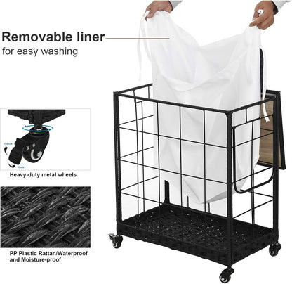 110L Laundry Hamper with Wood Lid, Rolling Laundry Basket with Liner Bag