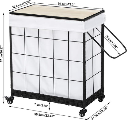 110L Laundry Hamper with Wood Lid, Rolling Laundry Basket with Liner Bag