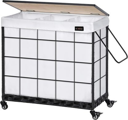 110L Laundry Hamper with Wood Lid, Rolling Laundry Basket with Liner Bag