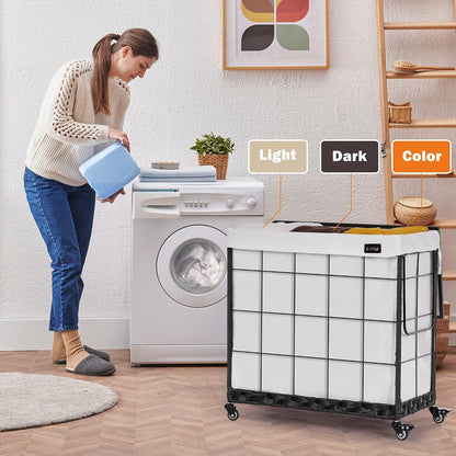 110L Laundry Hamper with Wood Lid, Rolling Laundry Basket with Liner Bag