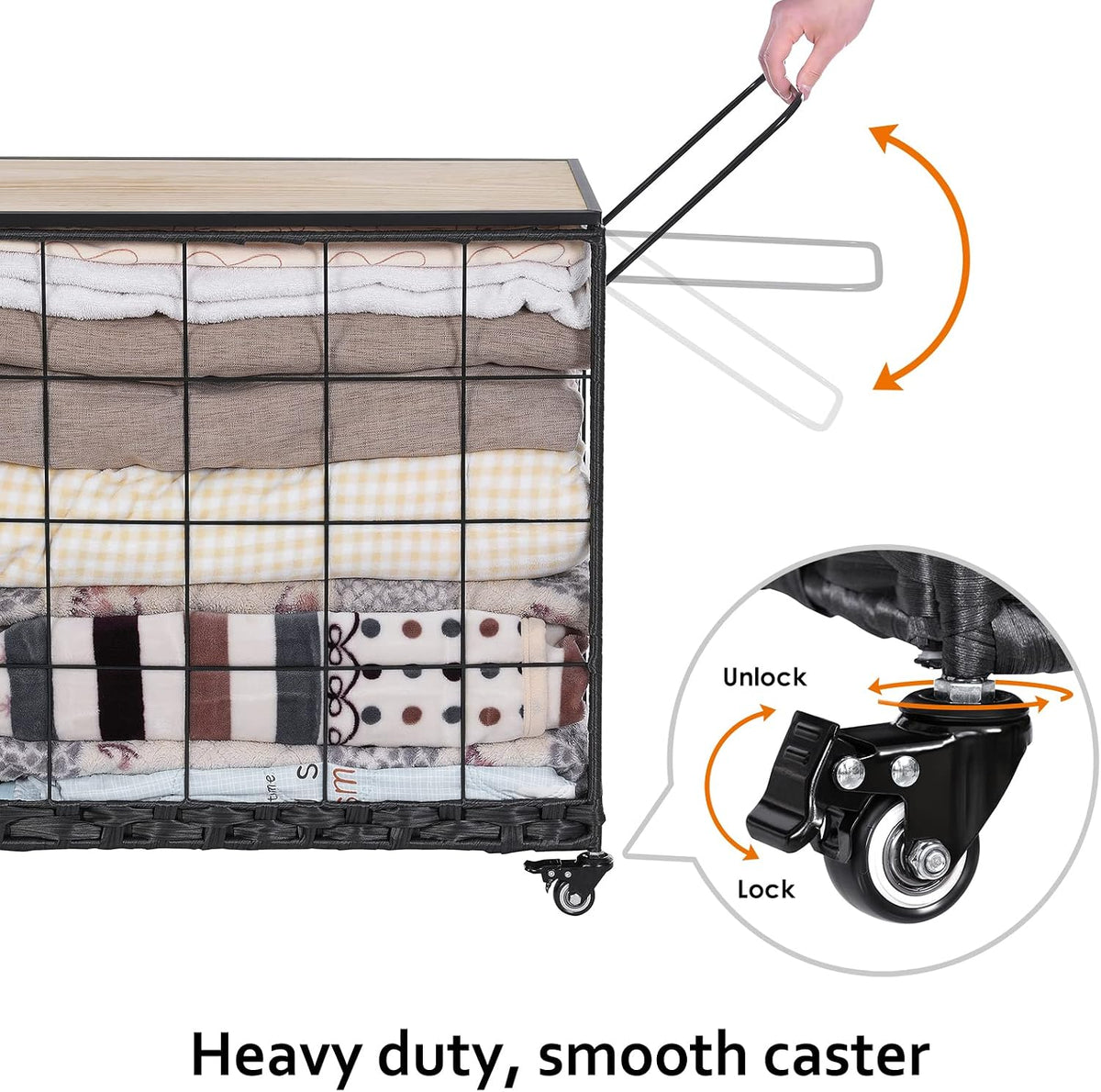 110L Laundry Hamper with Wood Lid, Rolling Laundry Basket with Liner Bag