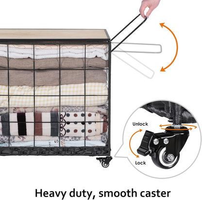 110L Laundry Hamper with Wood Lid, Rolling Laundry Basket with Liner Bag