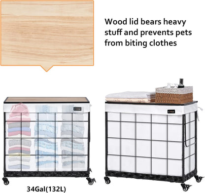 110L Laundry Hamper with Wood Lid, Rolling Laundry Basket with Liner Bag