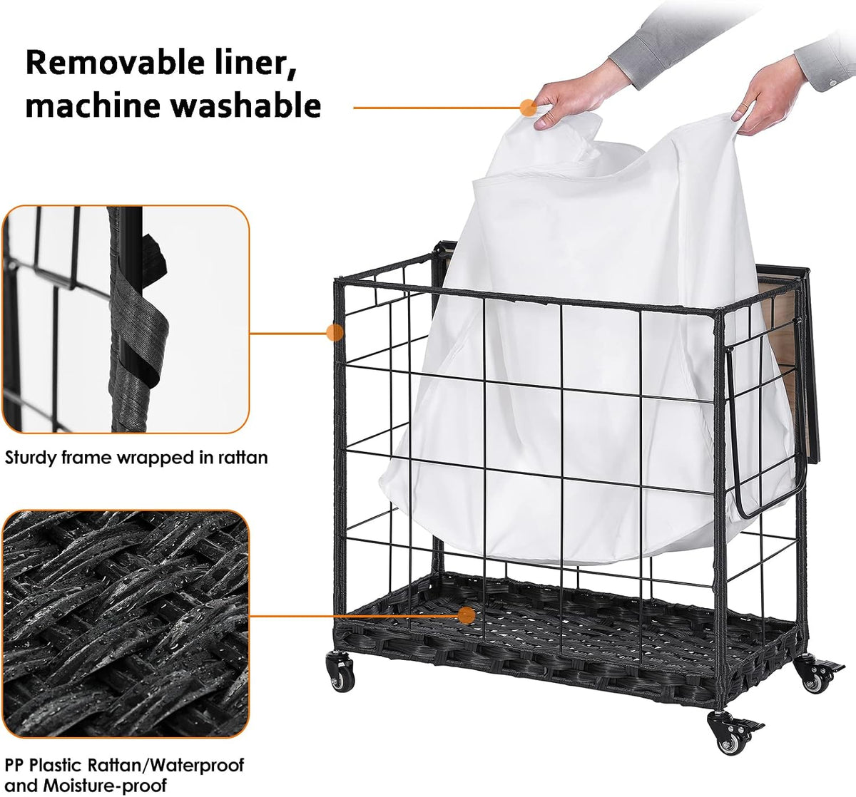 110L Laundry Hamper with Wood Lid, Rolling Laundry Basket with Liner Bag