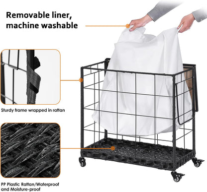 110L Laundry Hamper with Wood Lid, Rolling Laundry Basket with Liner Bag