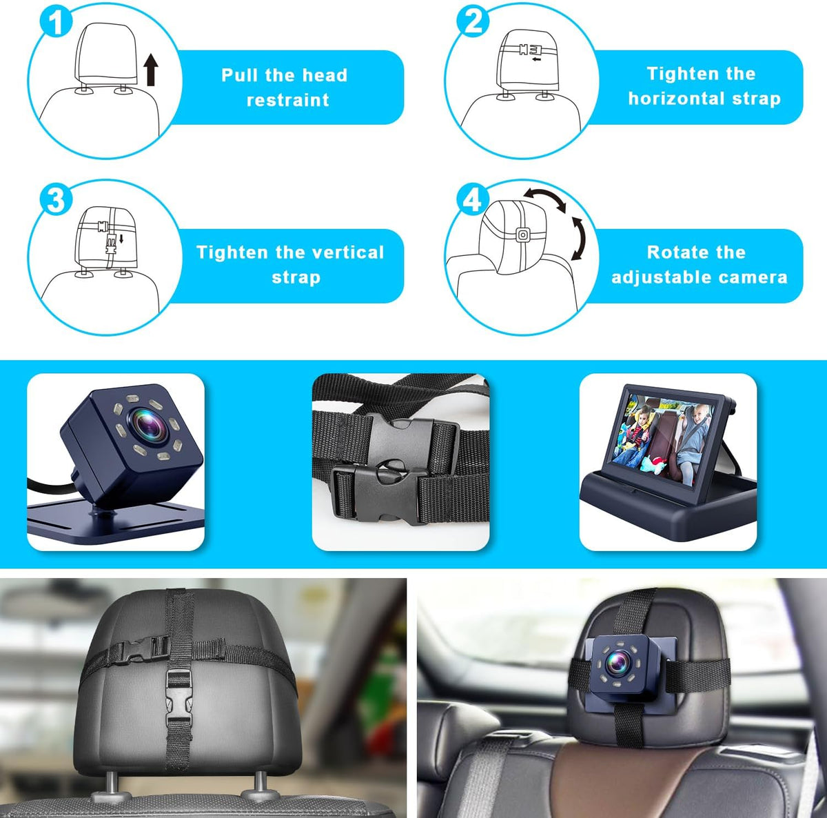 Baby Car Mirror with 4.3'' HD Night Vision Function Display, Safety Car Seat Camera with Wide Crystal Clear View, Easily Observe The Baby’s Move(Not USB)